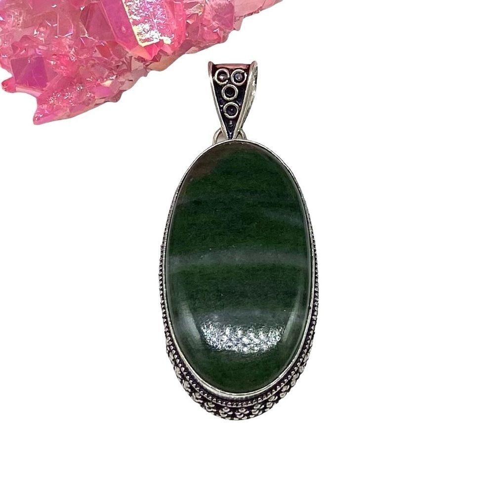 Green Aventurine Necklace Pendant 925 Sterling Silver Overlay Oval Chunky Boho